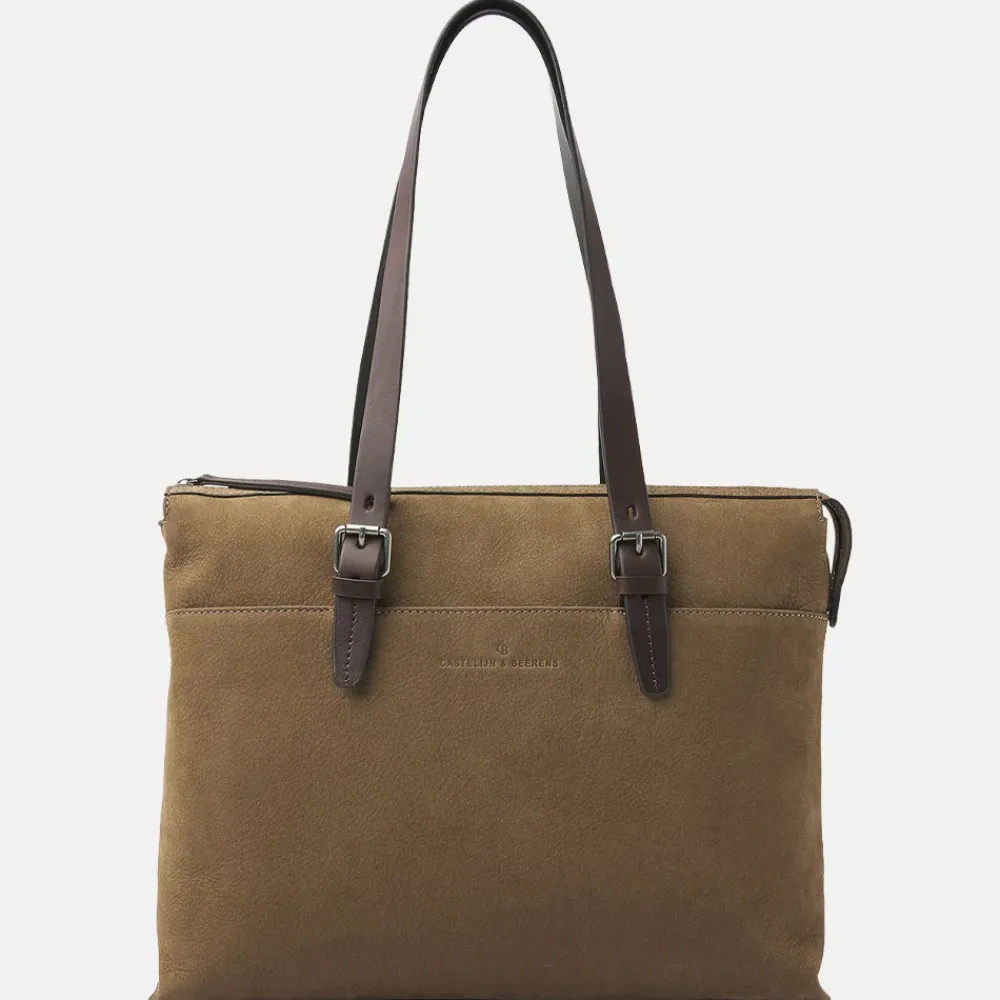 Dames Laptoptassen^Castelijn en Beerens Nubuck schoudertas 15 inch taupe