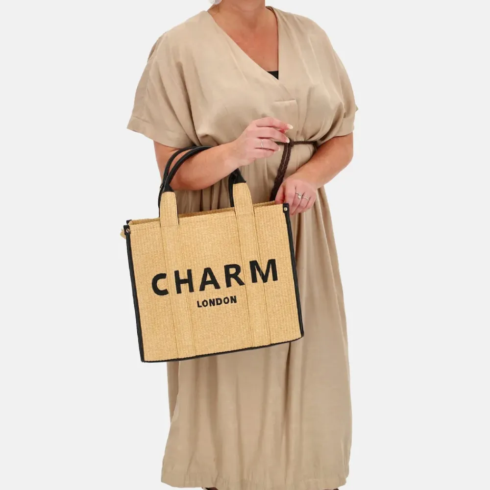 Handtassen^Charm London Raffia handtas M zand