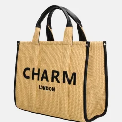 Handtassen^Charm London Raffia handtas M zand