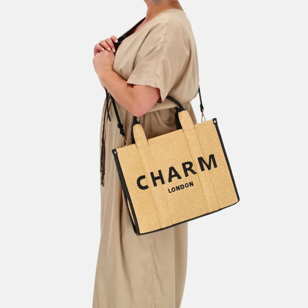 Handtassen^Charm London Raffia handtas M zand
