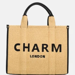 Handtassen^Charm London Raffia handtas M zand