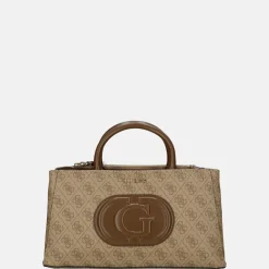 Handtassen^Guess Eco Mietta SML society satchel handtas latte logo/brown